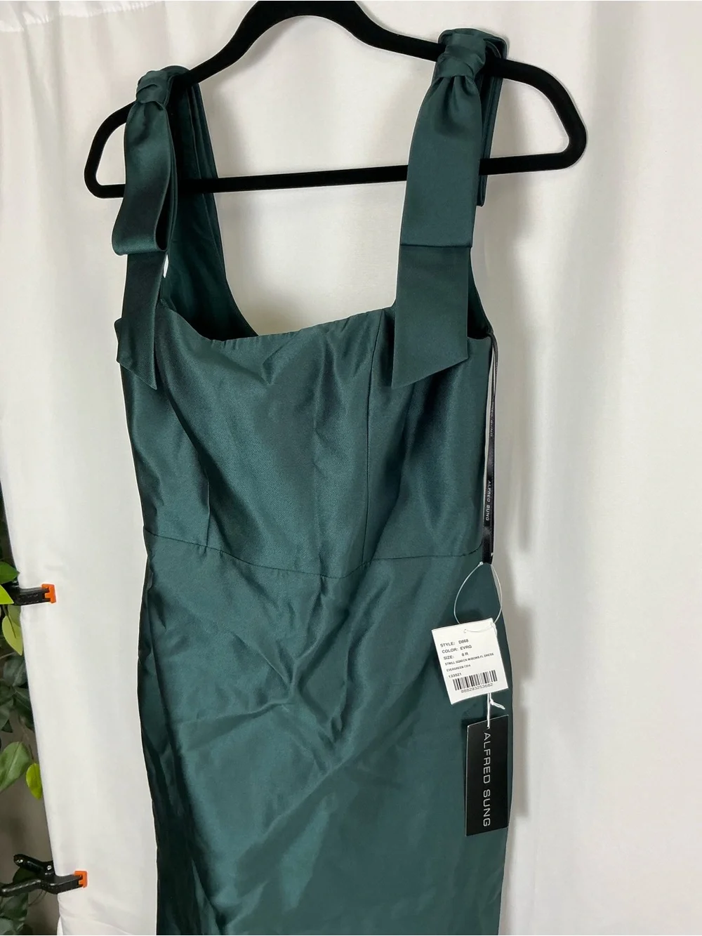ALFRED SUNG Evergreen Satin Maxi Dress with Bow Shoulder Straps - Picture 3 of 7